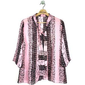Sheer Pink Black Jabot or Tie Neck Blouse L-XL